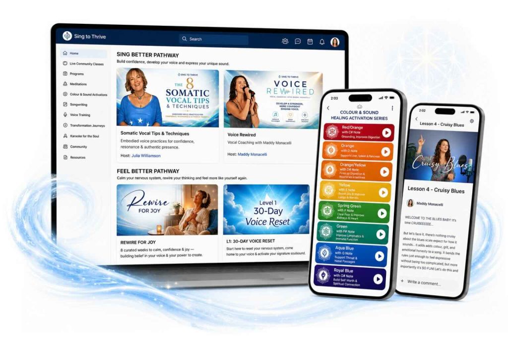 Sing to Thrive Hub online singing and voice programs and membership pathways on desktop and mobile