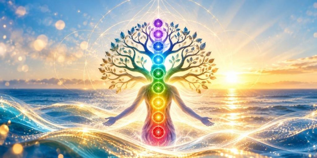 Colour & Sound Healing Series, an online sound healing and meditation program: a figure with rainbow energy centres rising into a flowering tree.