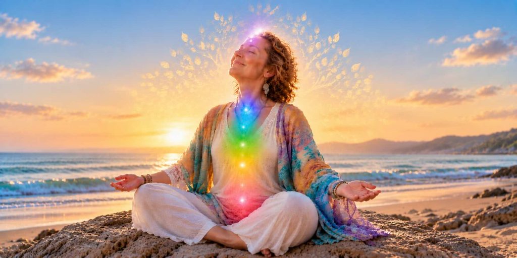 Woman meditating on a beach at sunrise with glowing rainbow energy centres, Colour and Sound Healing Series by Sing to Thrive